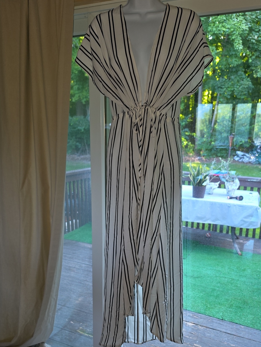 FAVLUX White and Black Striped V-Neck Long  Cover Up Duster